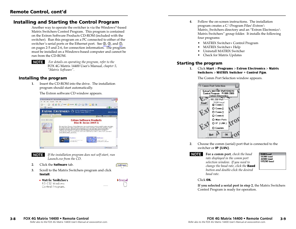 Installing and starting the control program, Installing the program, Starting the program | Installing and starting the control program, Remote control, cont’d | Extron electronic 14400 User Manual | Page 14 / 20
