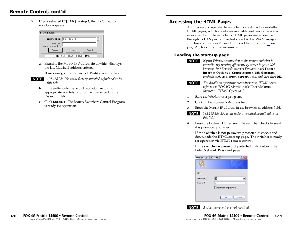 Accessing the html pages, Remote control, cont’d | Extron electronic 14400 User Manual | Page 15 / 20