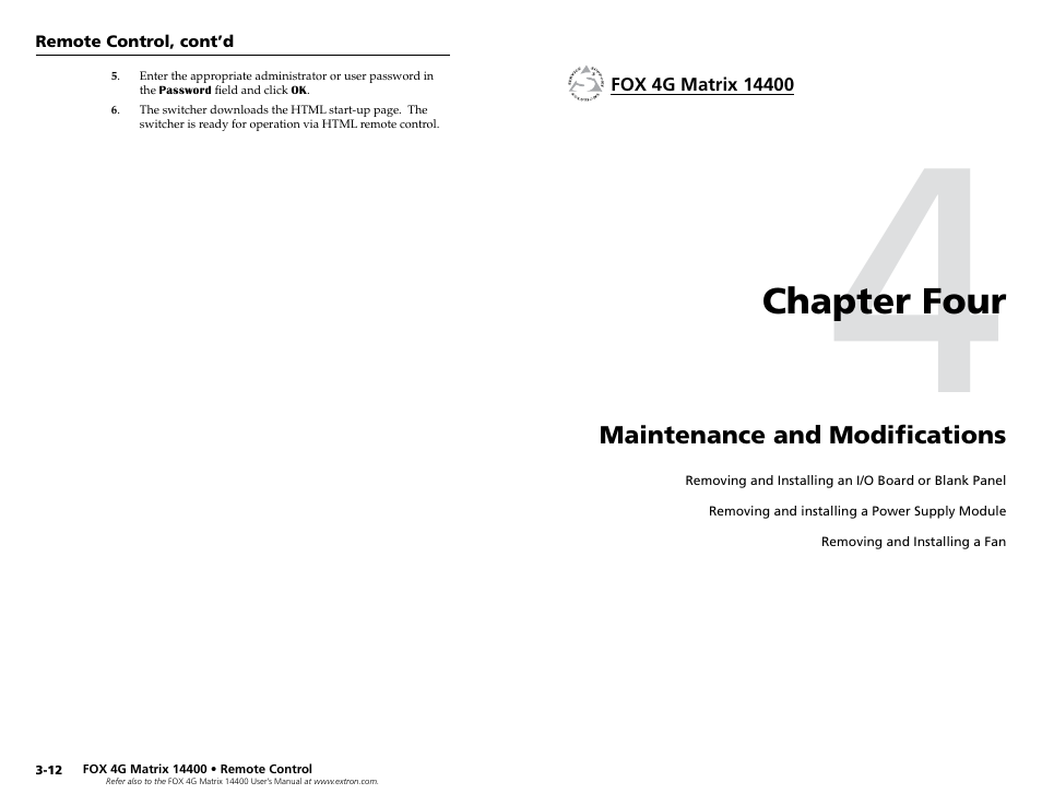 Chapter 4 • maintenance and modifications, Chapter four, Maintenance and modifications | Extron electronic 14400 User Manual | Page 16 / 20