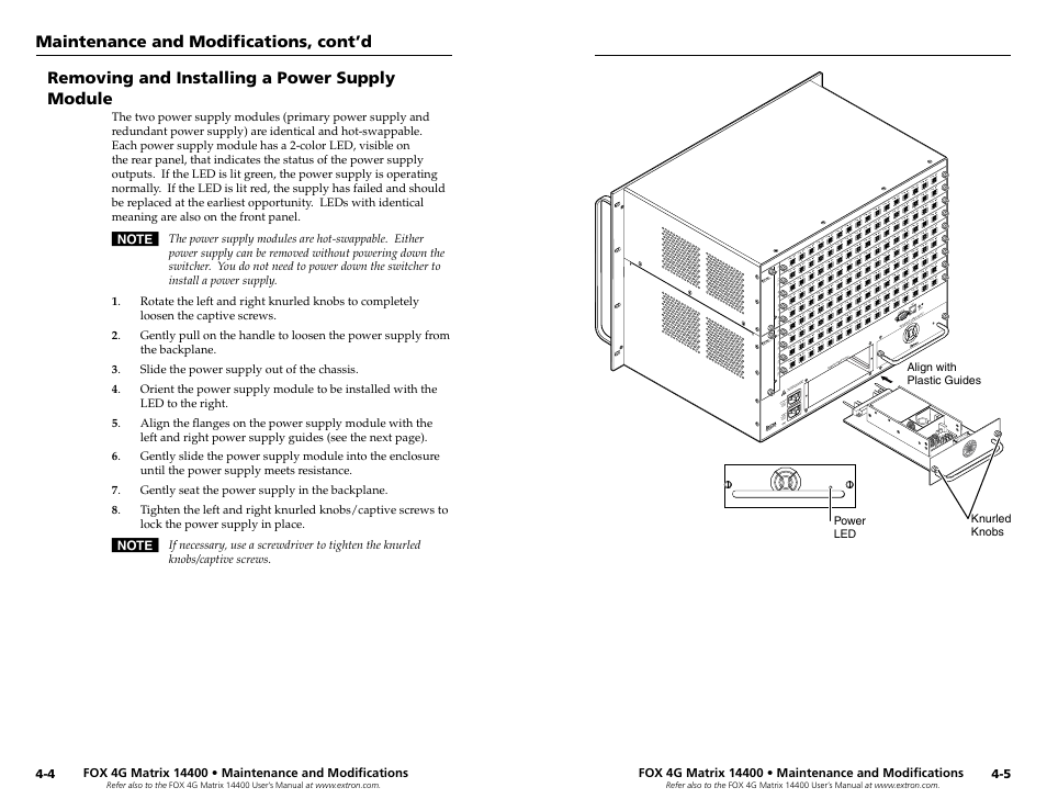 Removing and installing a power supply module, Removing and installing a power supply module, Eplaceable, see chapter 4 | Extron electronic 14400 User Manual | Page 18 / 20