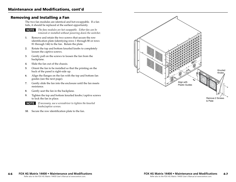 Removing and installing a fan, Removing and installing a fan, See chapter 4 | Extron electronic 14400 User Manual | Page 19 / 20