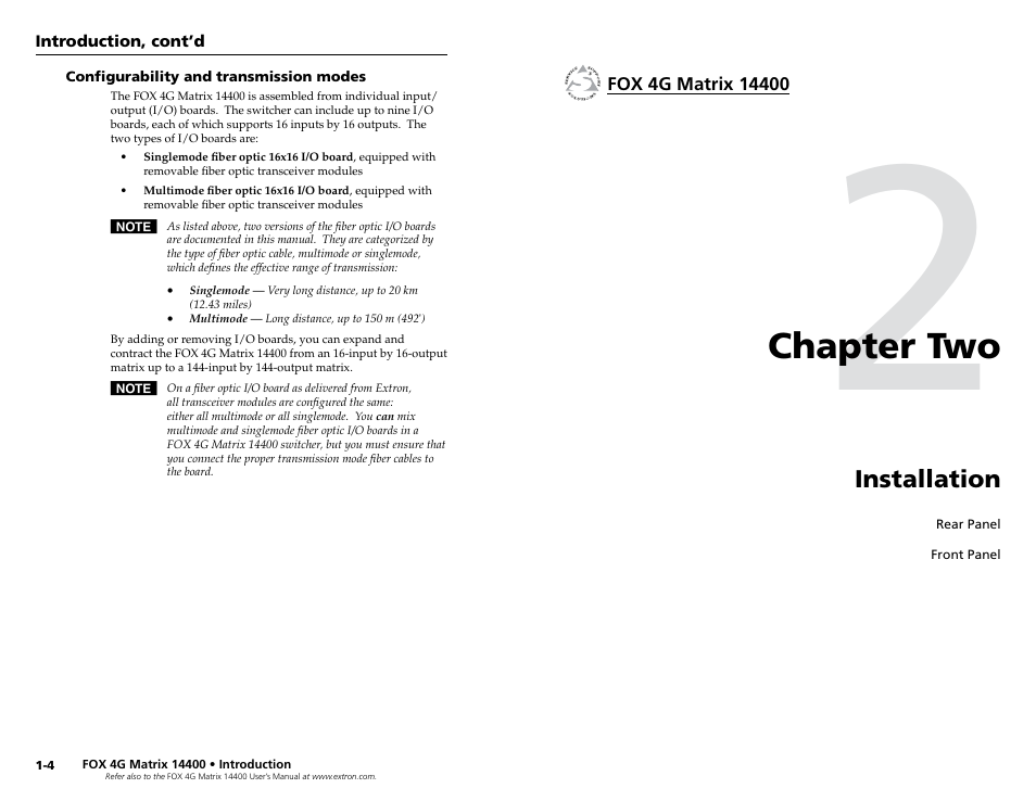 Configurability and transmission modes, Chapter 2 • installation, Configurability and transmission modes -4 | Chapter two, Installation | Extron electronic 14400 User Manual | Page 7 / 20