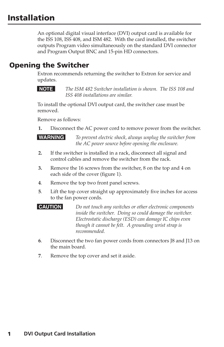 Opening the switcher, Installation | Extron Electronics DVI Output Card User Manual | Page 2 / 6