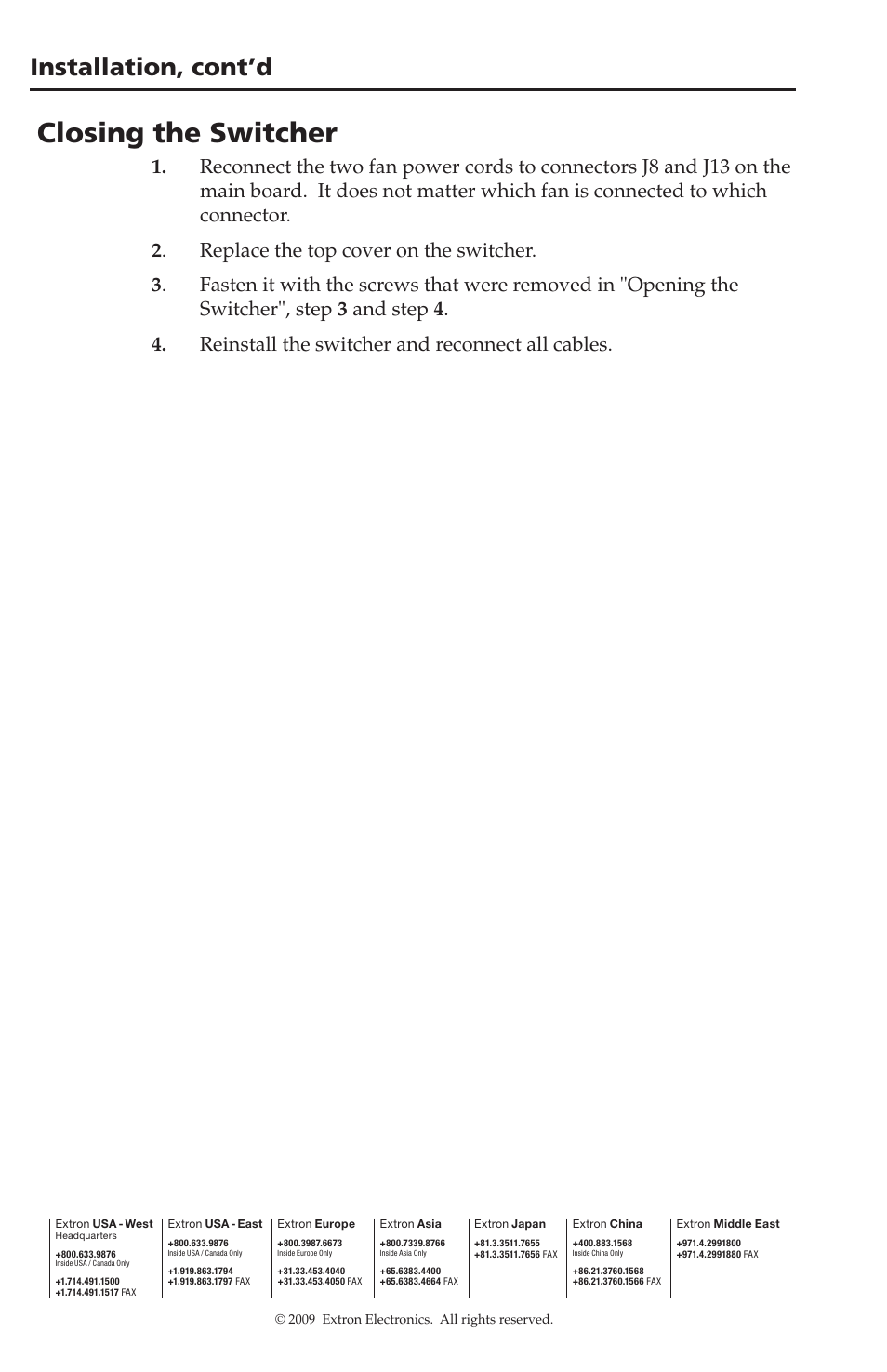 Installation, cont’d, Closing the switcher | Extron Electronics DVI Output Card User Manual | Page 6 / 6