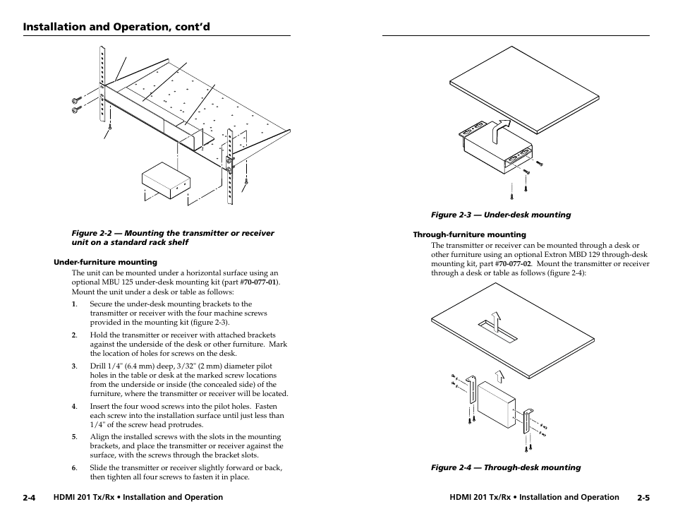 Under-furniture mounting, Through-furniture mounting, Installation and operation, cont’d | Extron electronic HDMI 201 Rx User Manual | Page 10 / 28