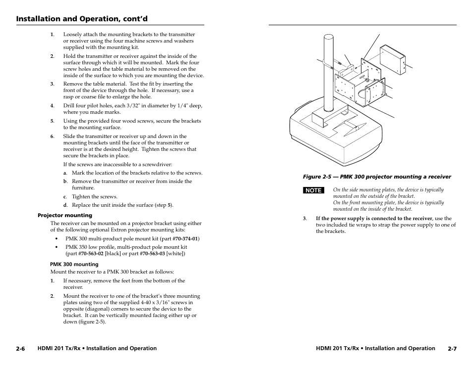 Projector mounting, Projector mounting -6, Installation and operation, cont’d | Extron electronic HDMI 201 Rx User Manual | Page 11 / 28