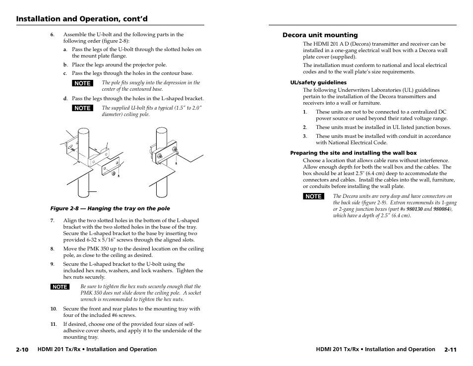 Decora unit mounting, Ul/safety requirements, Preparing the site and installing the wall box | Decora unit mounting -11, Installation and operation, cont’d | Extron electronic HDMI 201 Rx User Manual | Page 13 / 28