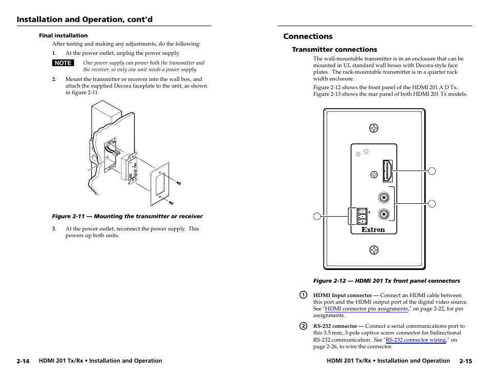 Final installation, Connections, Transmitter connections | Final installation -14, Transmitter connections -15, Installation and operation, cont’d | Extron electronic HDMI 201 Rx User Manual | Page 15 / 28