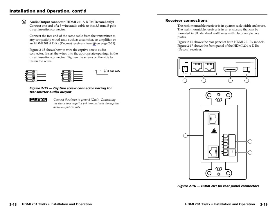 Receiver connections, Receiver connections -19, Installation and operation, cont’d | Extron electronic HDMI 201 Rx User Manual | Page 17 / 28