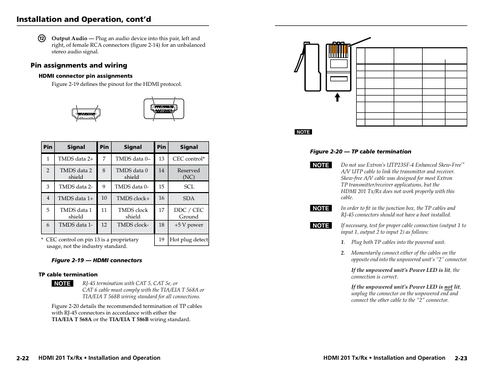 Pin assignments and wiring, Hdmi connector pin assignments, Tp cable termination | Pin assignments and wiring -22, See "tp cable termination, Installation and operation, cont’d | Extron electronic HDMI 201 Rx User Manual | Page 19 / 28