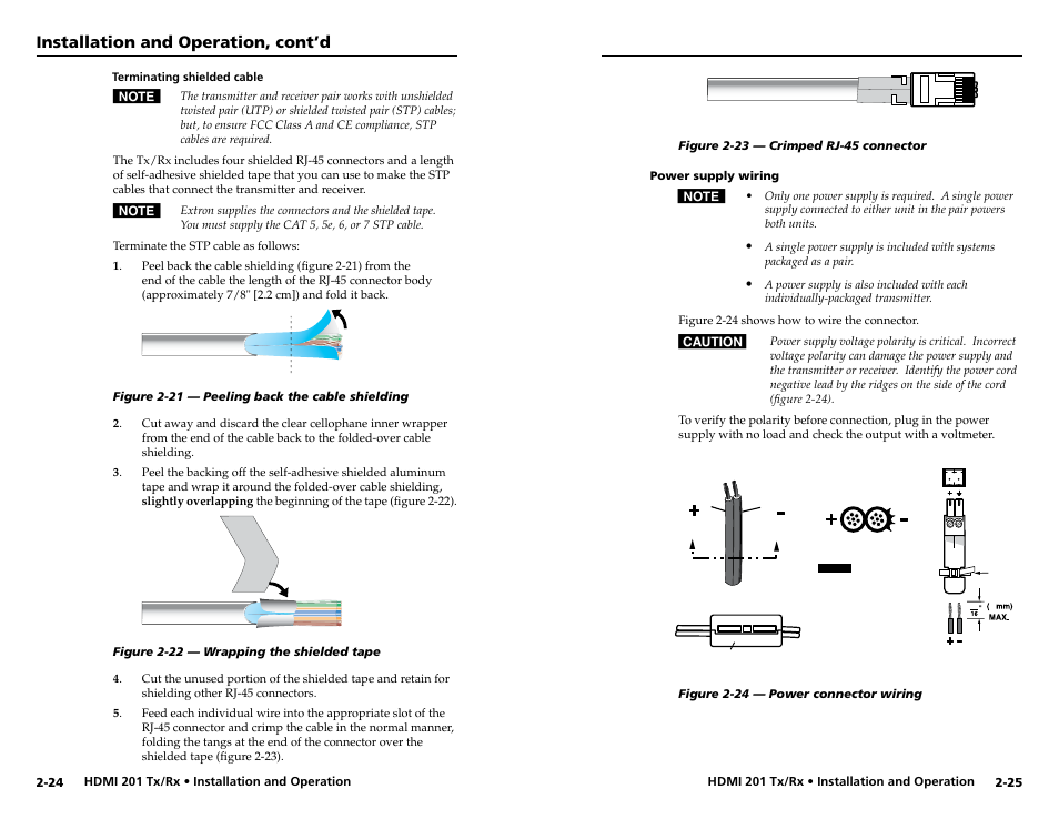 Power supply wiring, Power supply wiring -25, See "power supply wiring | Installation and operation, cont’d | Extron electronic HDMI 201 Rx User Manual | Page 20 / 28