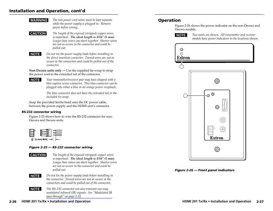 Rs-232 connector wiring, Operation, Rs-232 connector wiring -26 | Installation and operation, cont’d | Extron electronic HDMI 201 Rx User Manual | Page 21 / 28