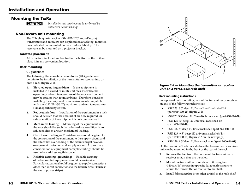 Mounting the tx/rx, Non-decora unit mounting, Tabletop placement | Rack mounting, Non-decora unit mounting -2, Tabletop placement -2 rack mounting -2, Installation and operation | Extron electronic HDMI 201 Rx User Manual | Page 9 / 28