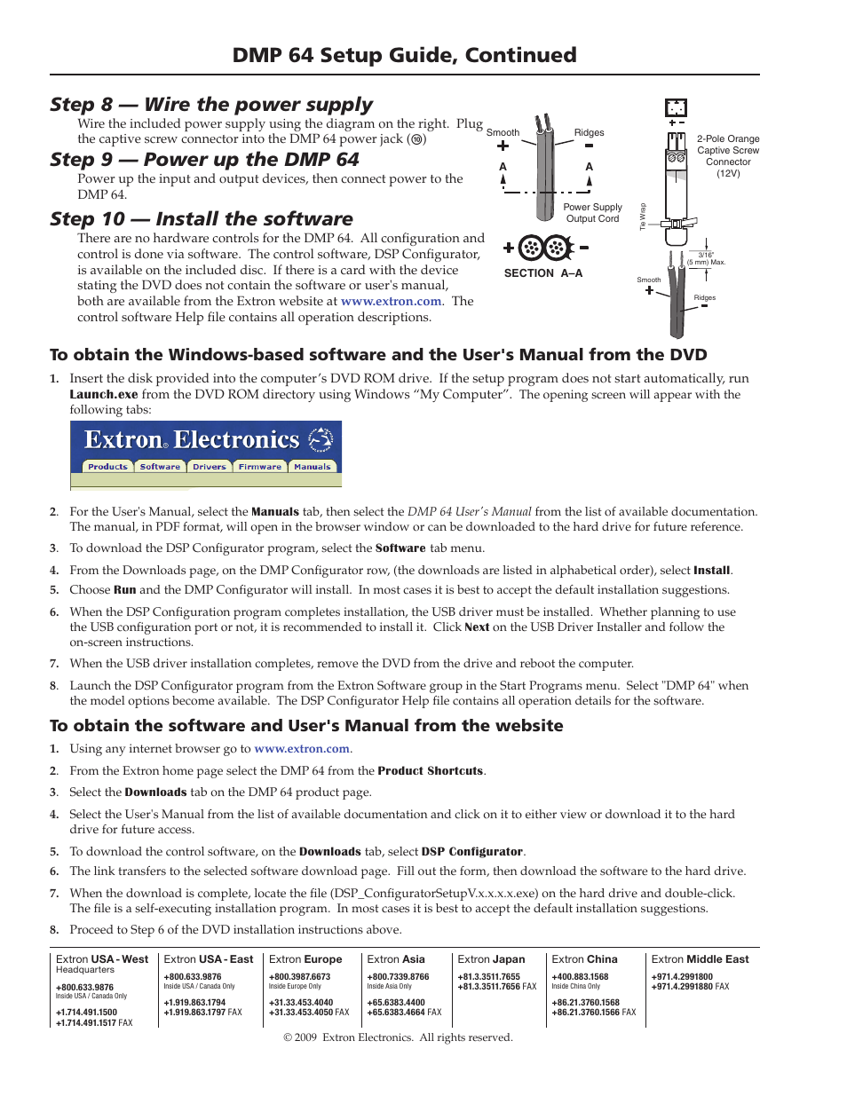 Dmp 64 setup guide, continued, Step 8 — wire the power supply, Step 10 — install the software | Step 9 — power up the dmp 64 | Extron electronic DMP 64 User Manual | Page 2 / 2