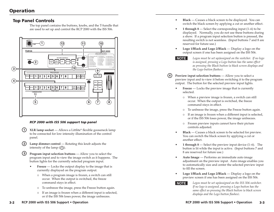 Top panel controls, Operation | Extron Electronics RCP 2000 with ISS 506 User Manual | Page 12 / 27