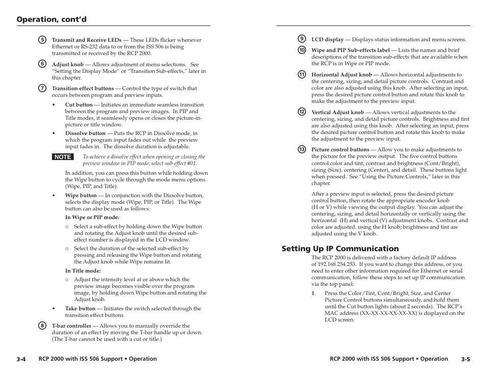 Setting up ip communication, Setting up ip communication, Operation, cont’d | Extron Electronics RCP 2000 with ISS 506 User Manual | Page 13 / 27