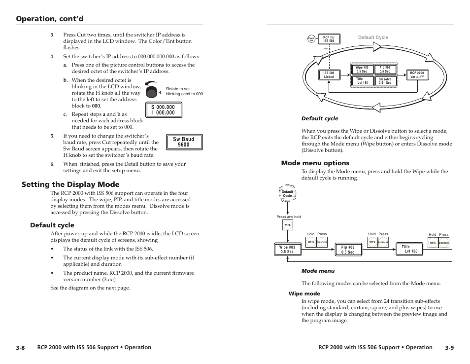 Setting the display mode, Default cycle, Mode menu options | Wipe mode, Default cycle -8 mode menu options -9, Wipe mode -9, Operation, cont’d | Extron Electronics RCP 2000 with ISS 506 User Manual | Page 15 / 27