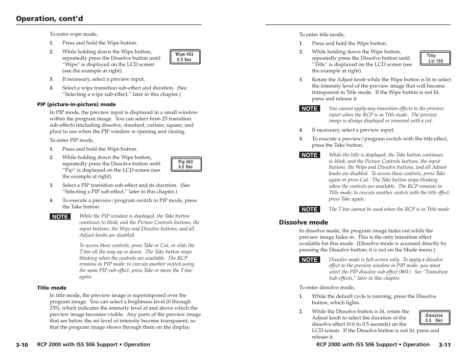 Pip (picture-in-picture) mode, Title mode, Dissolve mode | Pip (picture-in-picture) mode -10 title mode -10, Dissolve mode -11, Operation, cont’d | Extron Electronics RCP 2000 with ISS 506 User Manual | Page 16 / 27