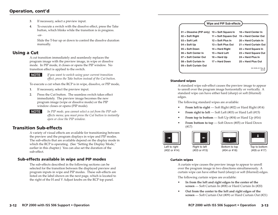 Using a cut, Transition sub-effects, Sub-effects available in wipe and pip modes | Standard wipes, Curtain wipes, Sub-effects available in wipe and pip modes -12, Standard wipes -13 curtain wipes -13, Operation, cont’d | Extron Electronics RCP 2000 with ISS 506 User Manual | Page 17 / 27