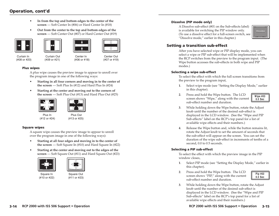 Plus wipes, Square wipes, Dissolve (pip mode only) | Setting a transition sub-effect, Selecting a wipe sub-effect, Selecting a pip sub-effect, Setting a transition sub-effect -15, Operation, cont’d | Extron Electronics RCP 2000 with ISS 506 User Manual | Page 18 / 27