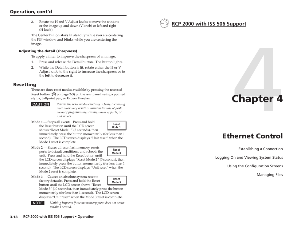 Adjusting the detail (sharpness), Resetting, Chapter 4 | Ethernet control, Adjusting the detail (sharpness) -18, Chapter 4 • ethernet control | Extron Electronics RCP 2000 with ISS 506 User Manual | Page 20 / 27