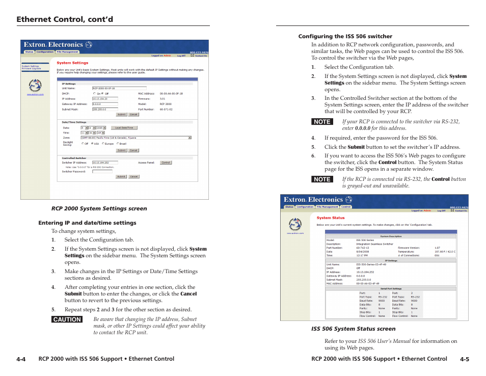 Entering ip and date/time settings, Configuring the iss 506 switcher, Ethernet control, cont’d | Extron Electronics RCP 2000 with ISS 506 User Manual | Page 22 / 27