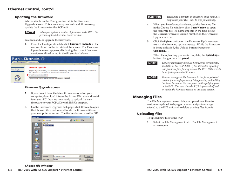 Updating the firmware, Managing files, Uploading files | Updating the firmware -6, Uploading files -7, Ethernet control, cont’d | Extron Electronics RCP 2000 with ISS 506 User Manual | Page 23 / 27