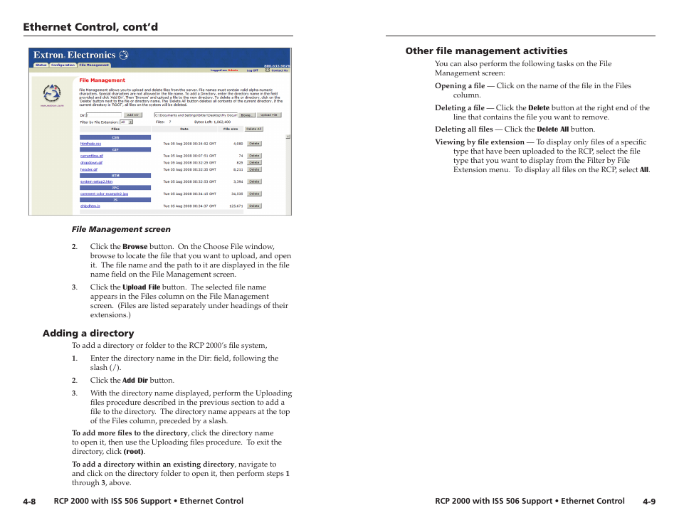 Adding a directory, Other file management activities, Ethernet control, cont’d | Extron Electronics RCP 2000 with ISS 506 User Manual | Page 24 / 27