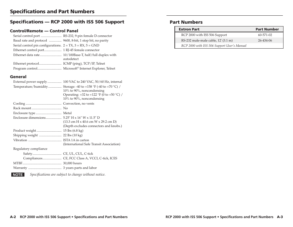 Specifications — rcp 2000 with iss 506 support, Part numbers, Part numbers | Specifications and part numbers | Extron Electronics RCP 2000 with ISS 506 User Manual | Page 26 / 27