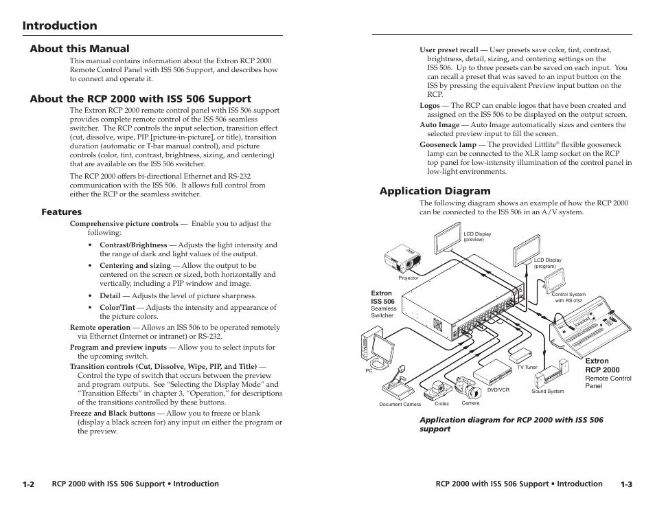 About this manual, About the rcp 2000 with iss 506 support, Features | Application diagram, Features -2, Introduction | Extron Electronics RCP 2000 with ISS 506 User Manual | Page 7 / 27