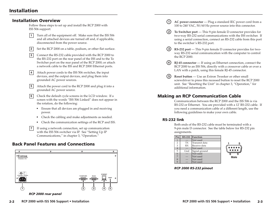 Installation overview, Back panel features and connections, Making an rcp communication cable | Rs-232 link, Making an rcp communication cable, Rs-232 link -3, Installation | Extron Electronics RCP 2000 with ISS 506 User Manual | Page 9 / 27