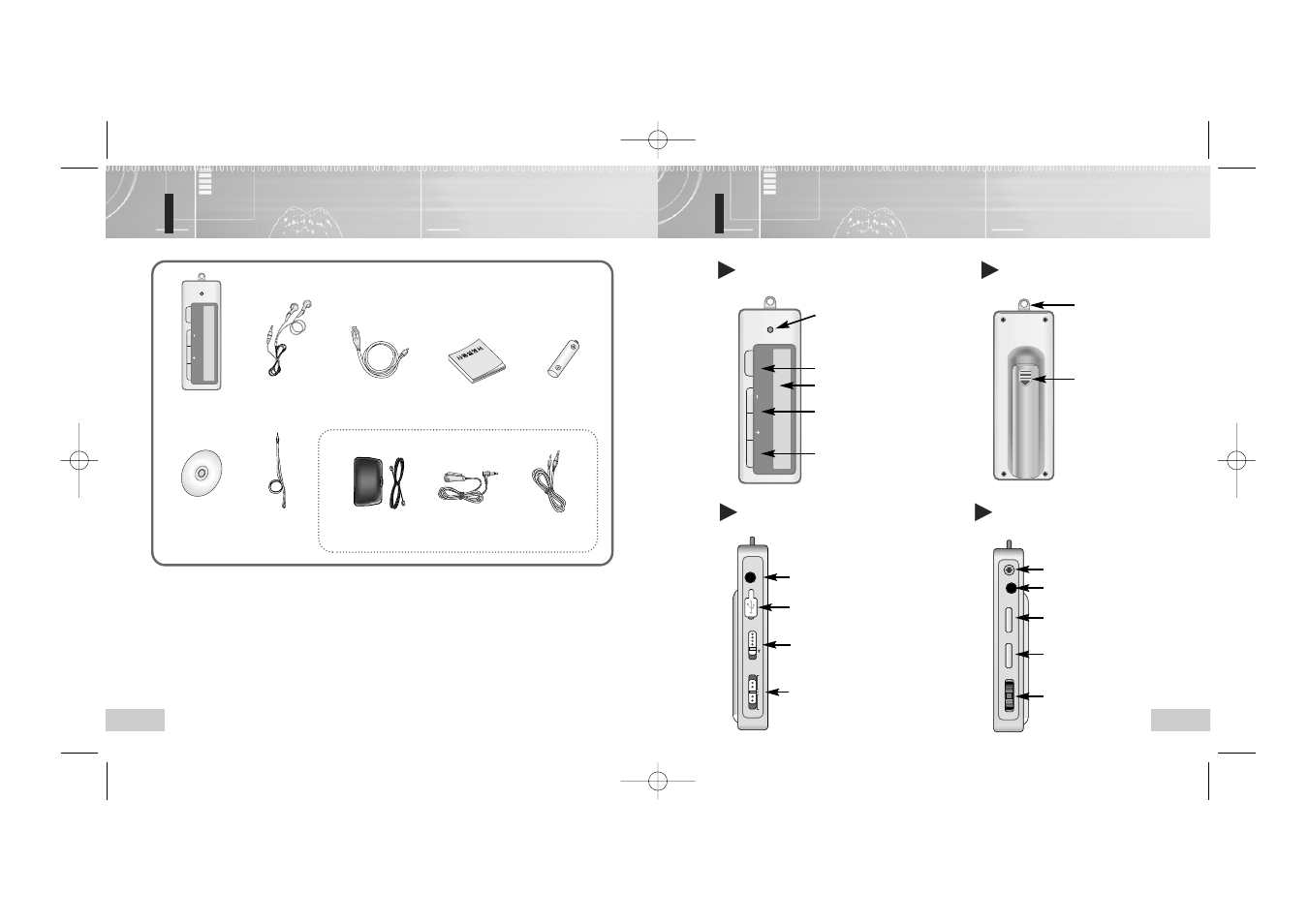 Names of the parts, Package contents, Front | Rear, Left, Right | Enox EVR-M750 User Manual | Page 5 / 26