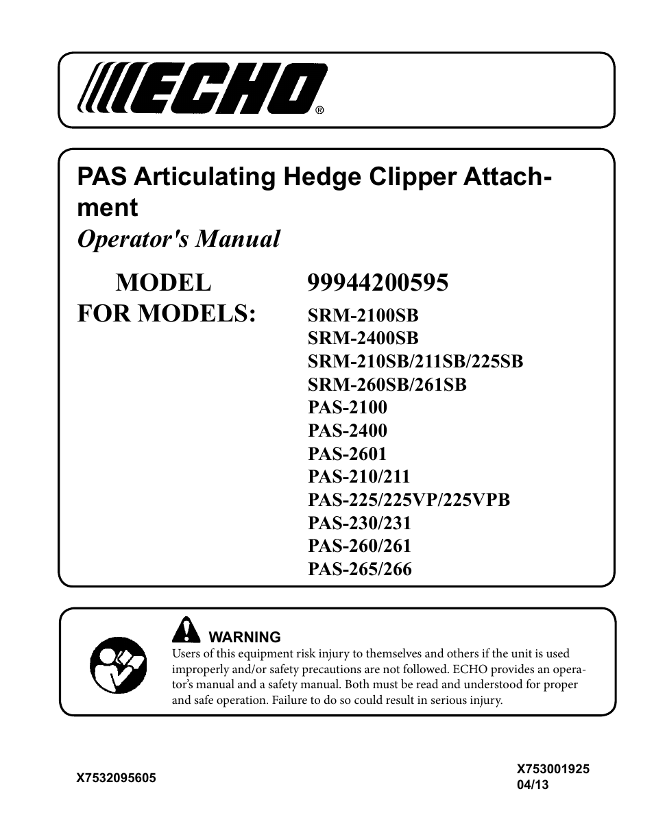 Echo PAS ARTICULATING HEDGE CLIPPER ATTACHMENT SRM-225SB User Manual | 20 pages