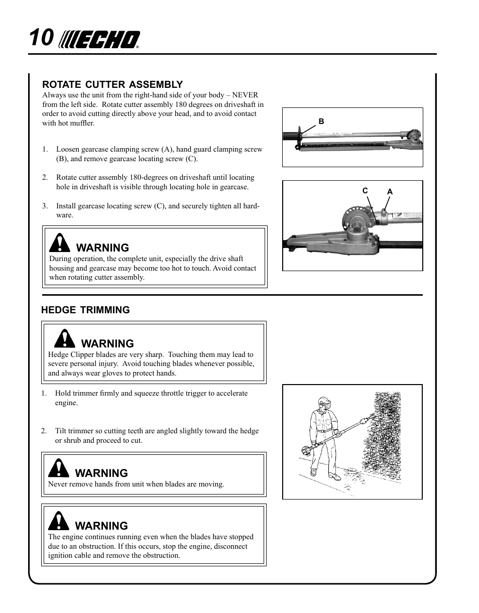 Echo PAS ARTICULATING HEDGE CLIPPER ATTACHMENT SRM-225SB User Manual | Page 10 / 20
