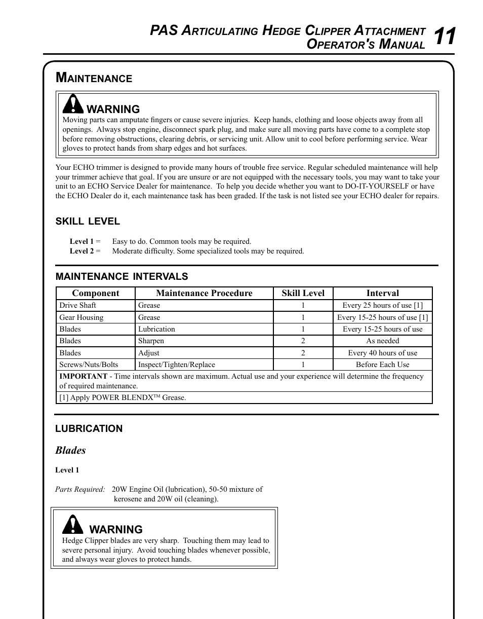 Pas a | Echo PAS ARTICULATING HEDGE CLIPPER ATTACHMENT SRM-225SB User Manual | Page 11 / 20