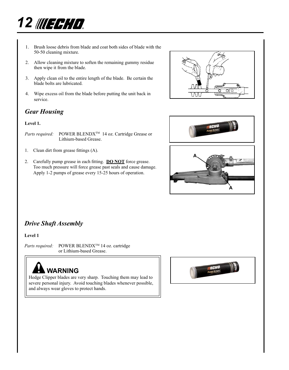 Drive shaft assembly, Warning, Gear housing | Echo PAS ARTICULATING HEDGE CLIPPER ATTACHMENT SRM-225SB User Manual | Page 12 / 20