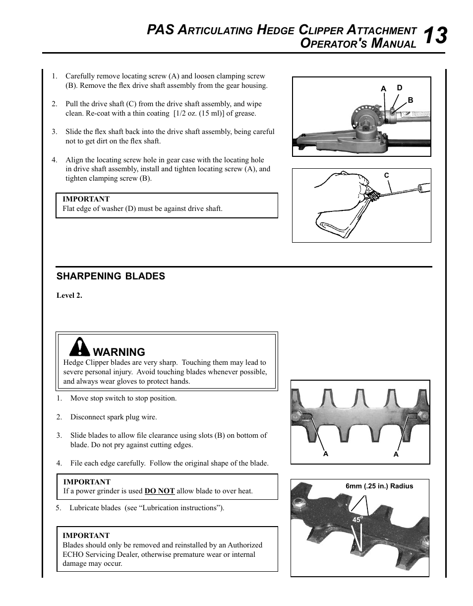 Pas a | Echo PAS ARTICULATING HEDGE CLIPPER ATTACHMENT SRM-225SB User Manual | Page 13 / 20