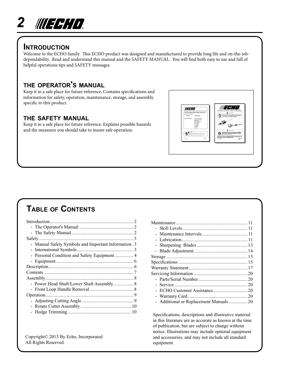 Able, Ontents, Ntroduction | Operator, Manual, Safety | Echo PAS ARTICULATING HEDGE CLIPPER ATTACHMENT SRM-225SB User Manual | Page 2 / 20