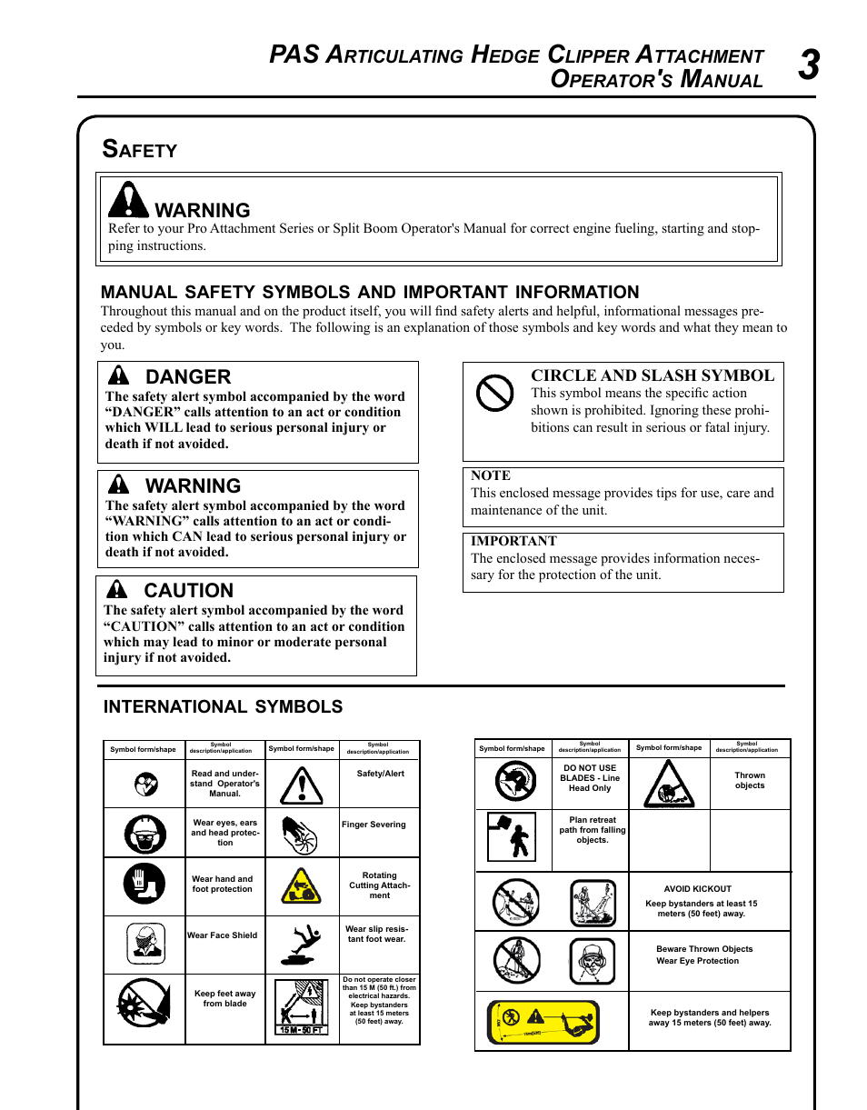 Pas a, Warning, Caution | Danger, Rticulating, Edge, Lipper, Ttachment, Perator, Anual | Echo PAS ARTICULATING HEDGE CLIPPER ATTACHMENT SRM-225SB User Manual | Page 3 / 20