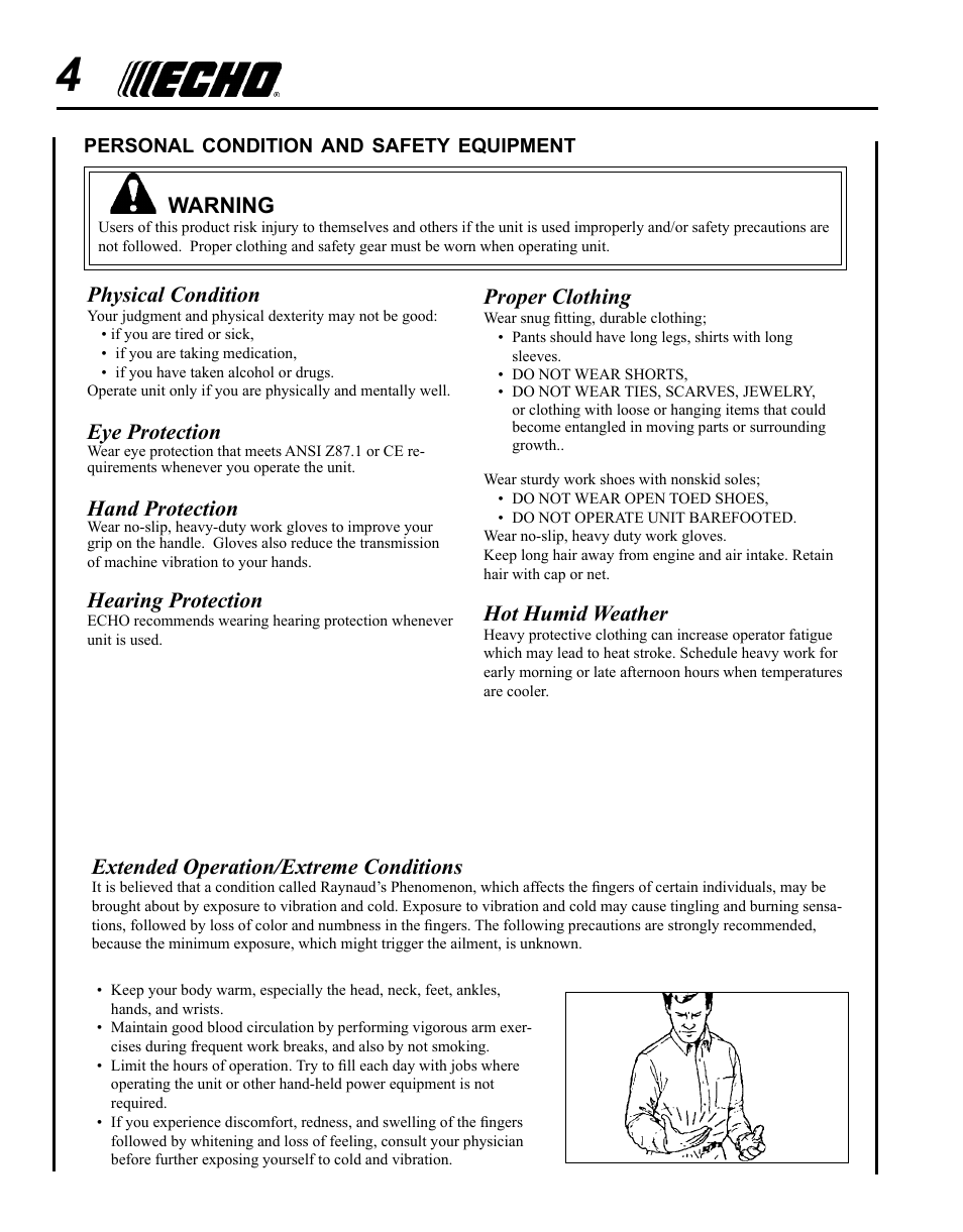 Warning, Extended operation/extreme conditions, Physical condition | Eye protection, Hand protection, Hearing protection, Proper clothing, Hot humid weather | Echo PAS ARTICULATING HEDGE CLIPPER ATTACHMENT SRM-225SB User Manual | Page 4 / 20