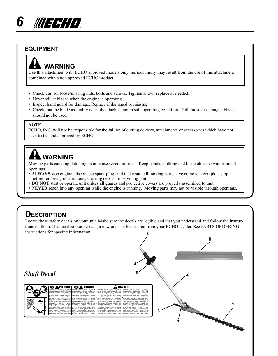 Warning, Shaft decal, Equipment | Escription | Echo PAS ARTICULATING HEDGE CLIPPER ATTACHMENT SRM-225SB User Manual | Page 6 / 20