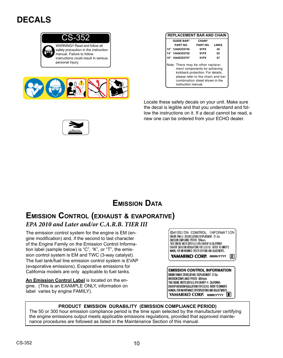 Decals, Cs-352, Epa 2010 and later and/or c.a.r.b. tier iii | Mission, Ontrol, Exhaust, Evaporative | Echo CS-352 User Manual | Page 10 / 36