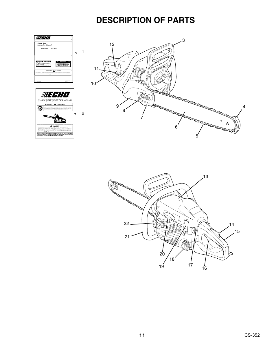 Description of parts, Cs-352 | Echo CS-352 User Manual | Page 11 / 36