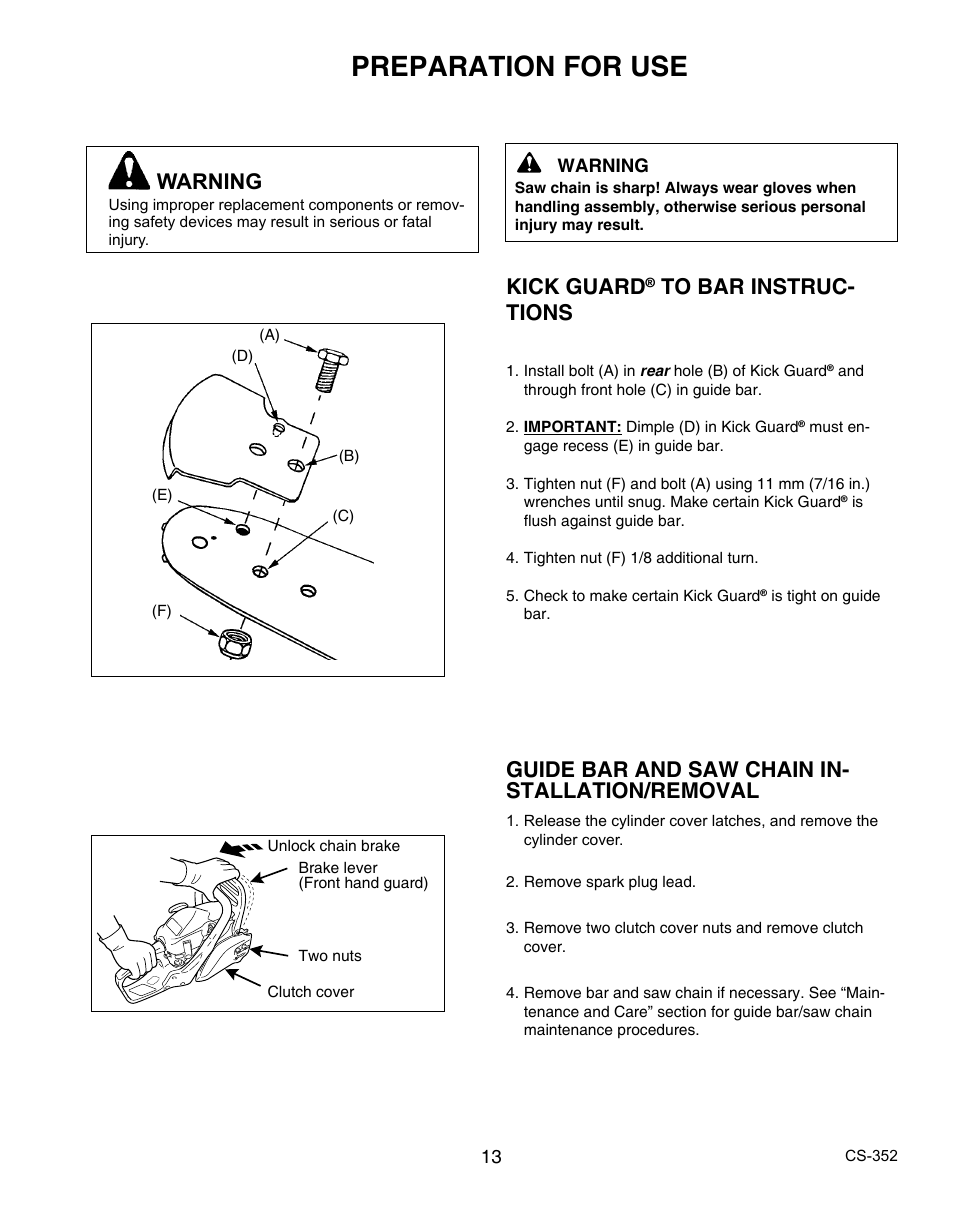 Preparation for use, Kick guard, Guide bar and saw chain in- stallation/removal | Warning | Echo CS-352 User Manual | Page 13 / 36
