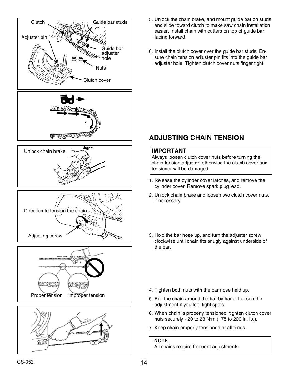 Adjusting chain tension | Echo CS-352 User Manual | Page 14 / 36