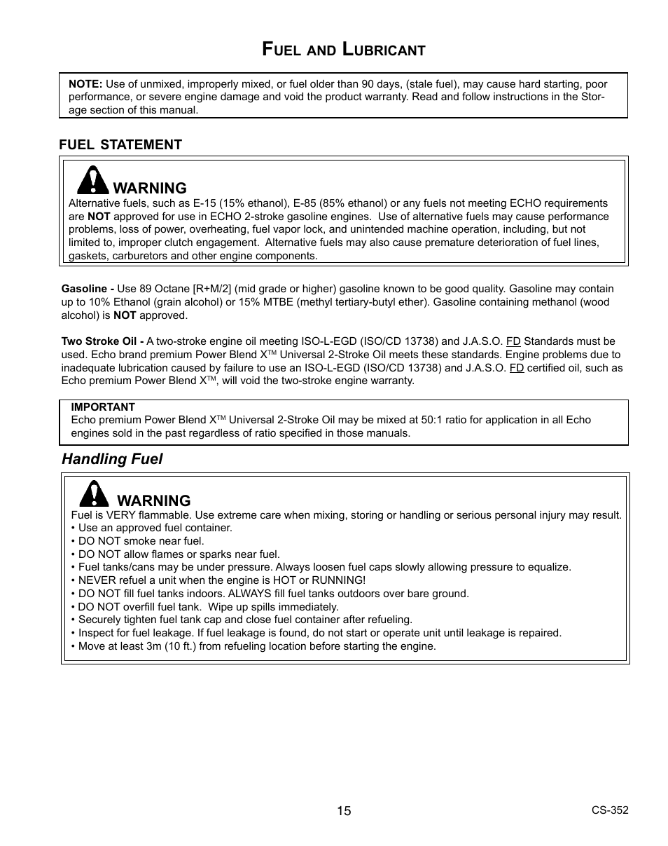 Handling fuel, Warning | Echo CS-352 User Manual | Page 15 / 36