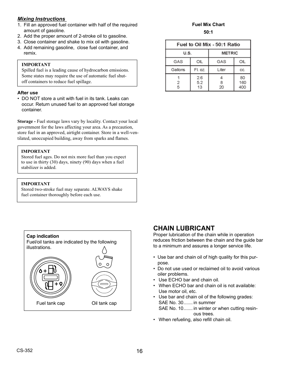 Chain lubricant | Echo CS-352 User Manual | Page 16 / 36