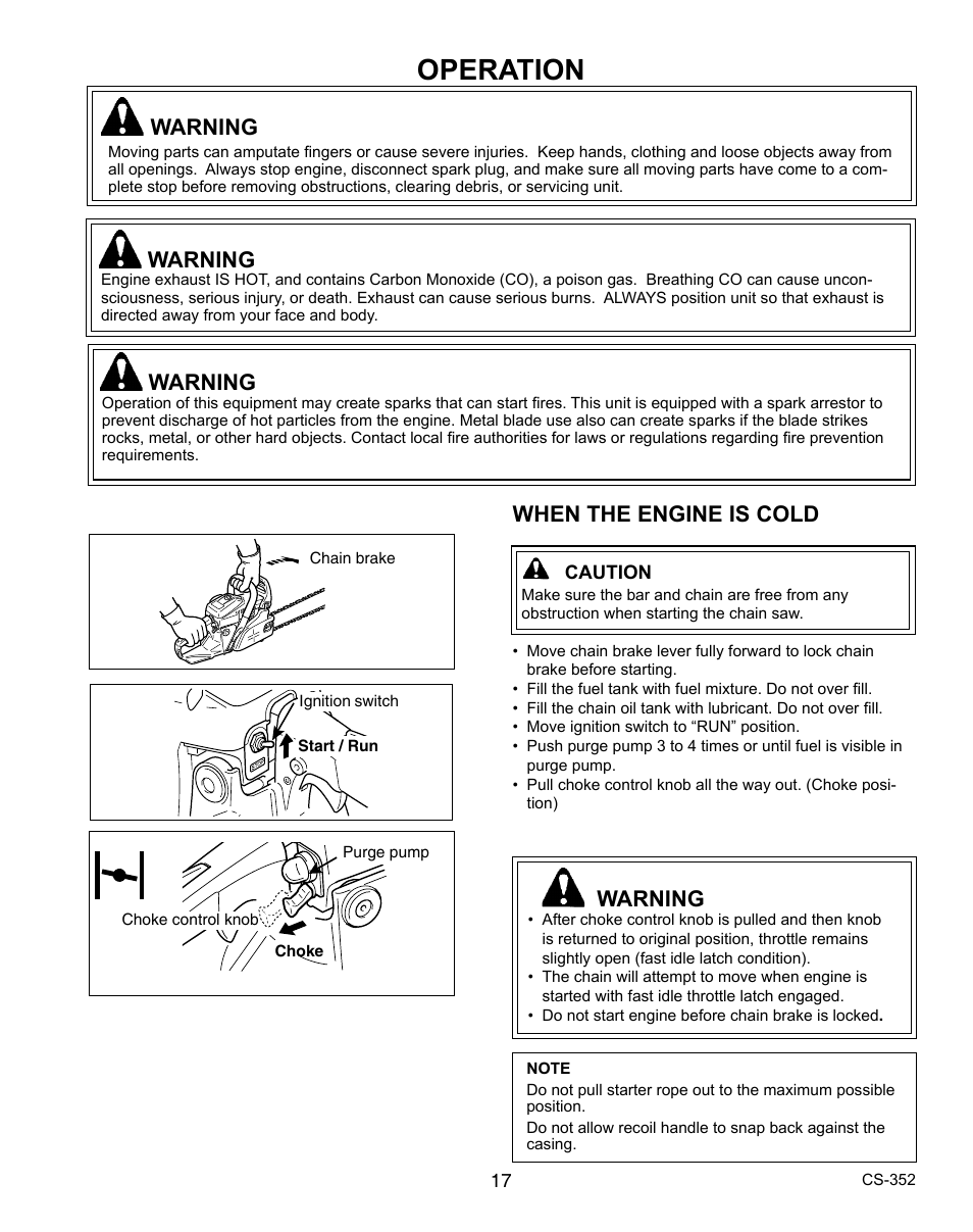 Operation, Chain lubricant, Warning | When the engine is cold | Echo CS-352 User Manual | Page 17 / 36