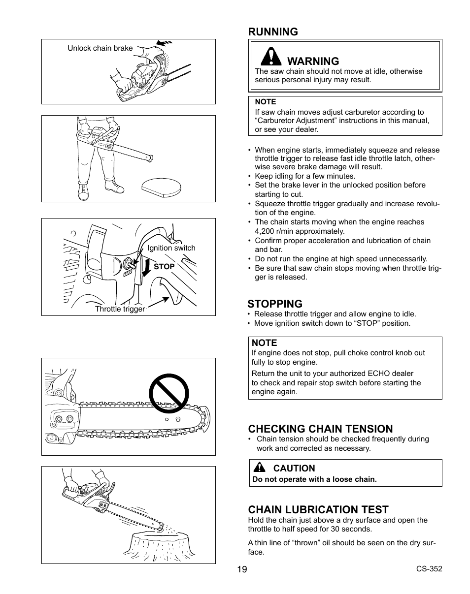 Checking chain tension, Chain lubrication test, Stopping | Running warning | Echo CS-352 User Manual | Page 19 / 36