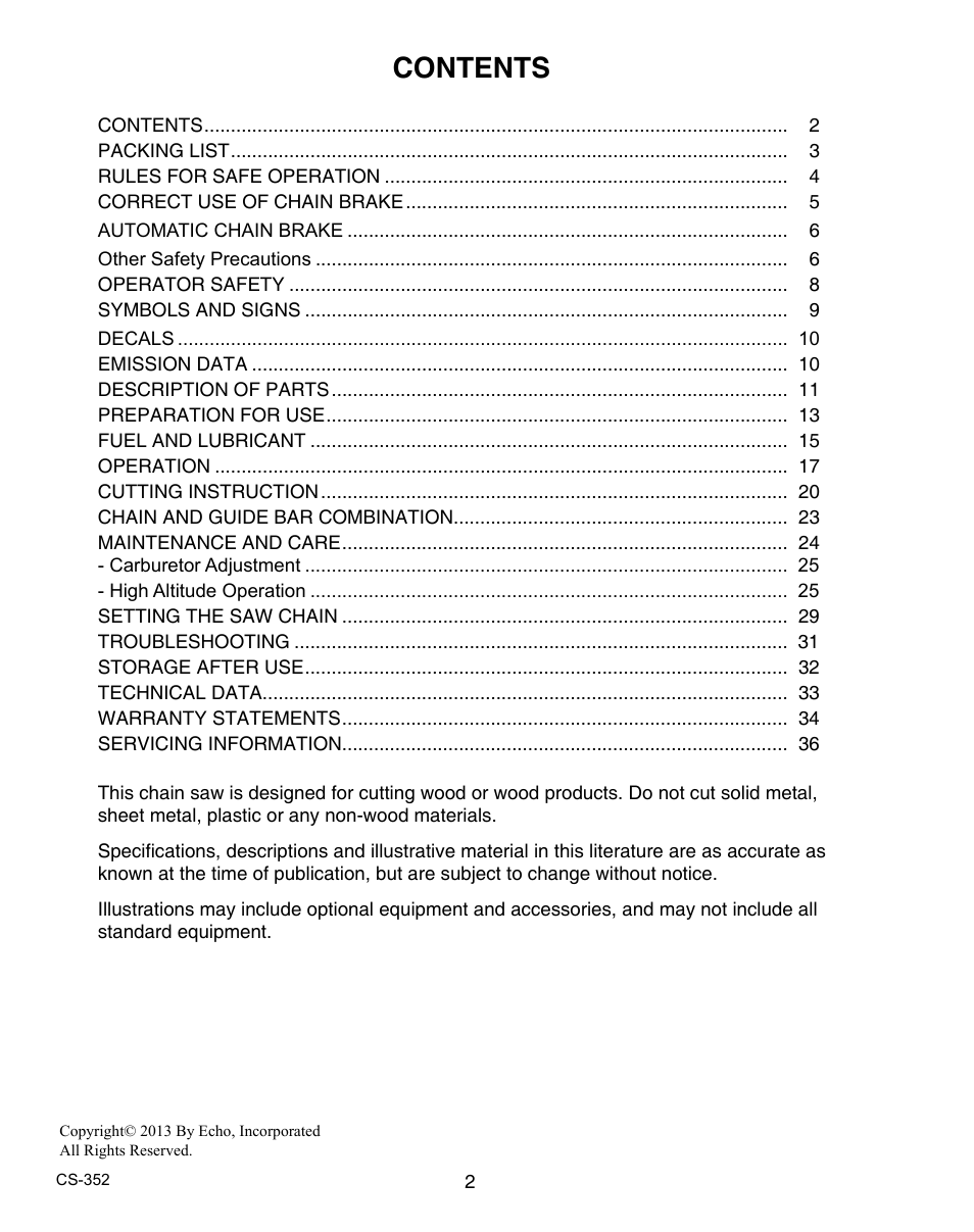 Echo CS-352 User Manual | Page 2 / 36